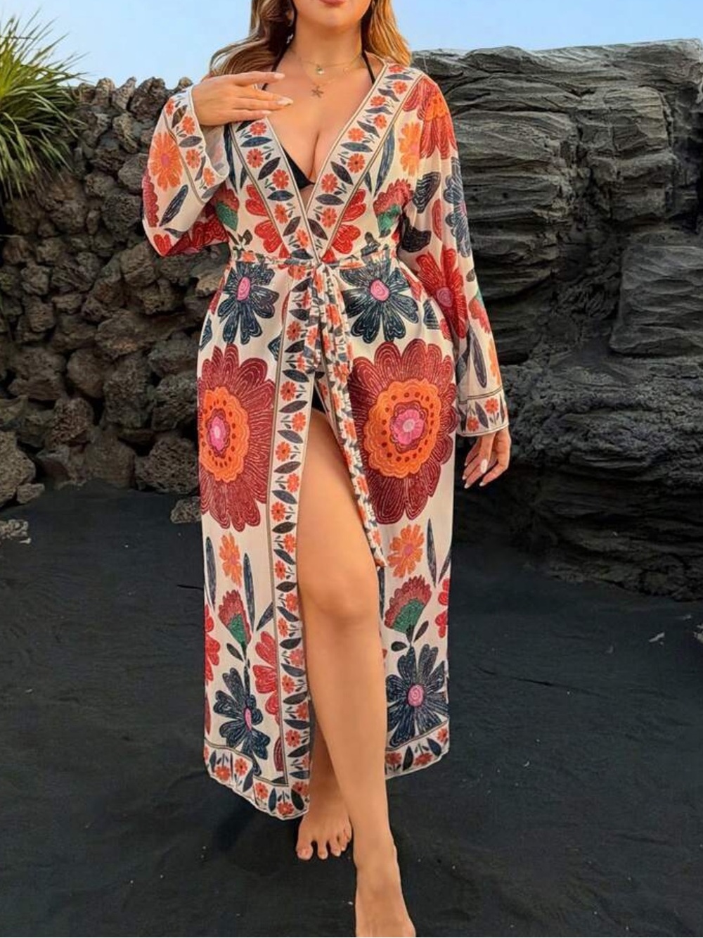 Boho Paisley Floral Print Swim Cover Up Duster